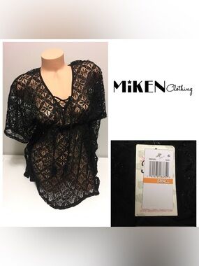 🆕MIKEN SWIM - SLIGHT DEFECT - S - NWT - BLACK CROCHET COVER UP / KAFTAN TUNIC